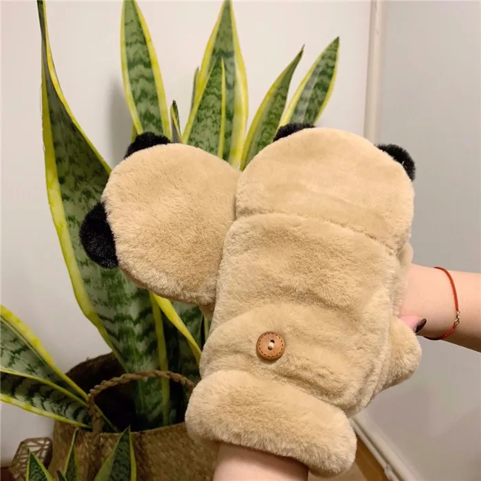 pattern 1 Теплые Зимние перчатки для женщин с милой пандой, утепленные бархатные хлопковые перчатки без пальцев для девушек - Цвет: pattern 1