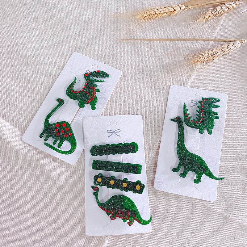

christmas hairpin animal dinosaur side clip acrylic Golden powder green color hair clips for girls