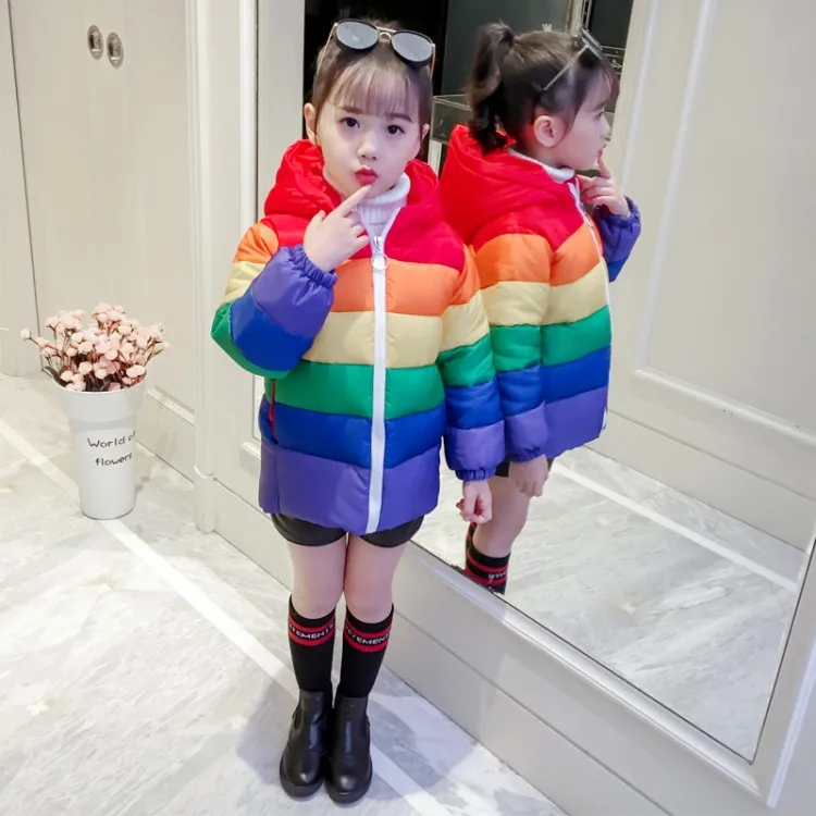 Rainbow Outerwear Girls Winter Coat 4-12Y Children's Winter Cloth Girl Hooded Striped Parkas Kids Clothing Cotton-padded coats