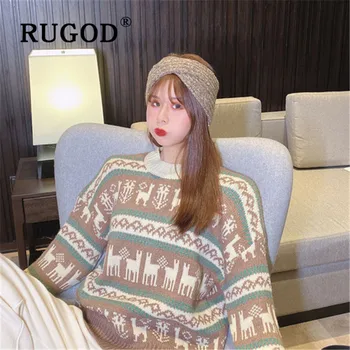 

RUGOD Korean New Style O-neck Fawn Pattern Contrast Color Thickn Sweater Winter Tops For Women Fashion 2019