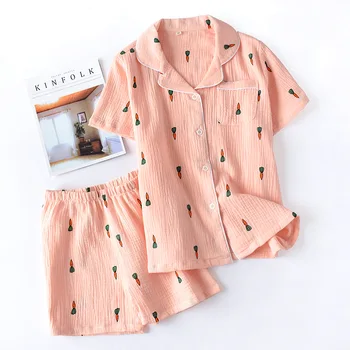 

Women Couple Cotton Gauze Pajamas Printed Carrot Loose Sleepwear Short Sleeve Lapel Shirt&Shorts Sexy Casual Cute Pijamas suit