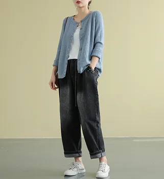 

Spring Autumn Jeans Women Elastic Waist Loose Denim Pants 2020 New Casual pocket Bleached Sashes Retro Ladies New Trousers