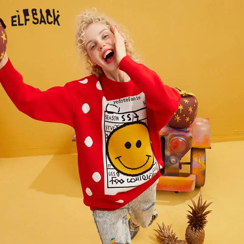 

ELFSACK Red Solid Polka Dot Christmas Casual Women Pullover Sweaters 2020 Winter Black Pure Smile Print Korean Office Ladies Top
