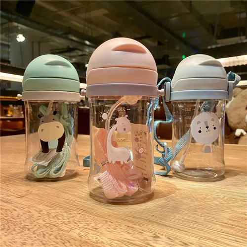 중력 공 아기 마시는 컵, 만화 동물 손잡이, 어깨 스트랩, 어린이 훈련 컵, 빨대 포함, 어린이 물병, 350ml 2