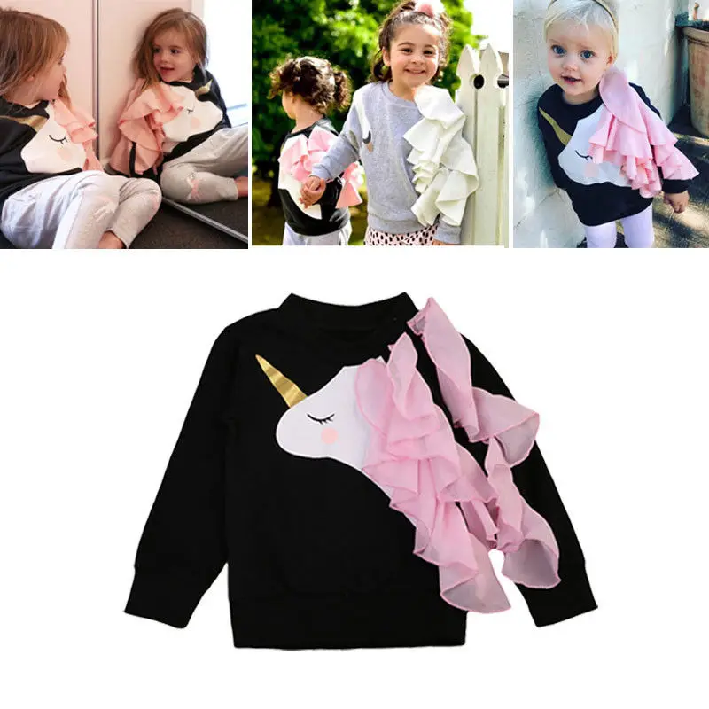 Mom Girls Cartoon T-shirts Vetement Autumn New Unicorn Print Black Round Neck Long Sleeve Sweater Women Daughter Family Costumes | Мать и
