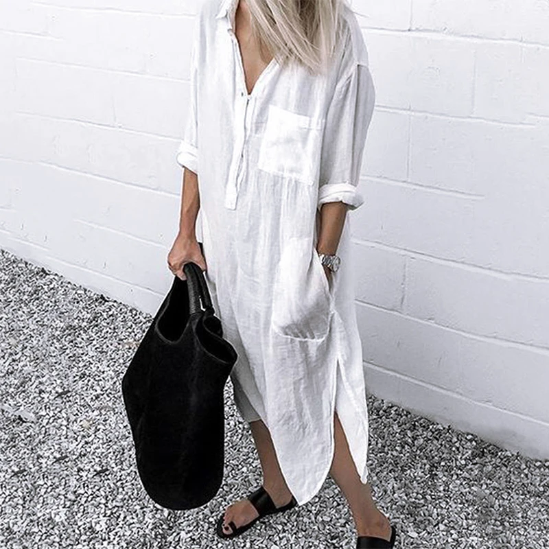 Shirt Dress Robe Tunic Office-Vestidos Long-Sleeve Lapel Female Elegant Autumn Cotton