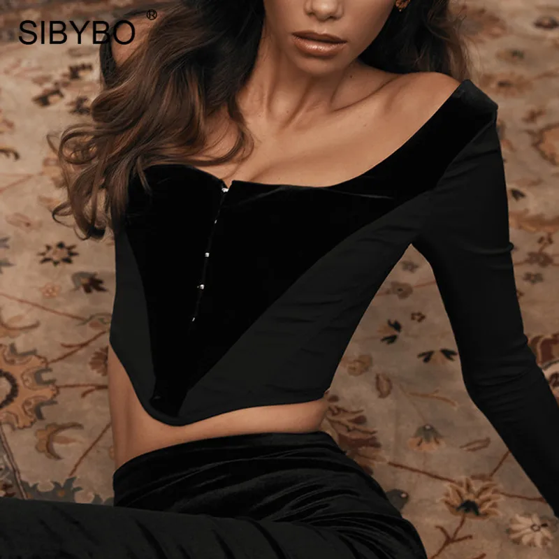 SIBYBO, длинный рукав, пэчворк, тонкие сексуальные женские топы, квадратный воротник, открытая спина, короткая женская футболка, черная, молния сзади, повседневный укороченный топ