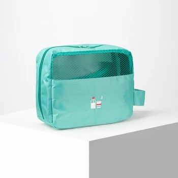 

Travel cosmetic bag, section with a zipper, outer pocket, with a hook, green