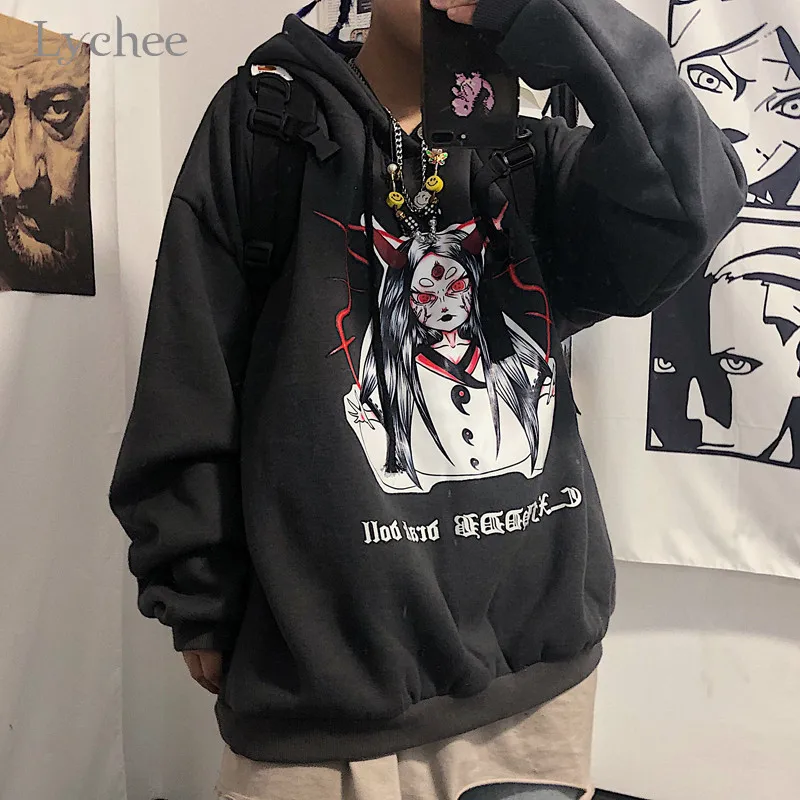 Lychee Harajuku с злыми героями мультфильмов, для маленьких девочек Для женщин флисовые толстовки с капюшоном и свитшоты Весна-осень-зима Леди Топы Повседневное свободные женские толстовки с капюшоном