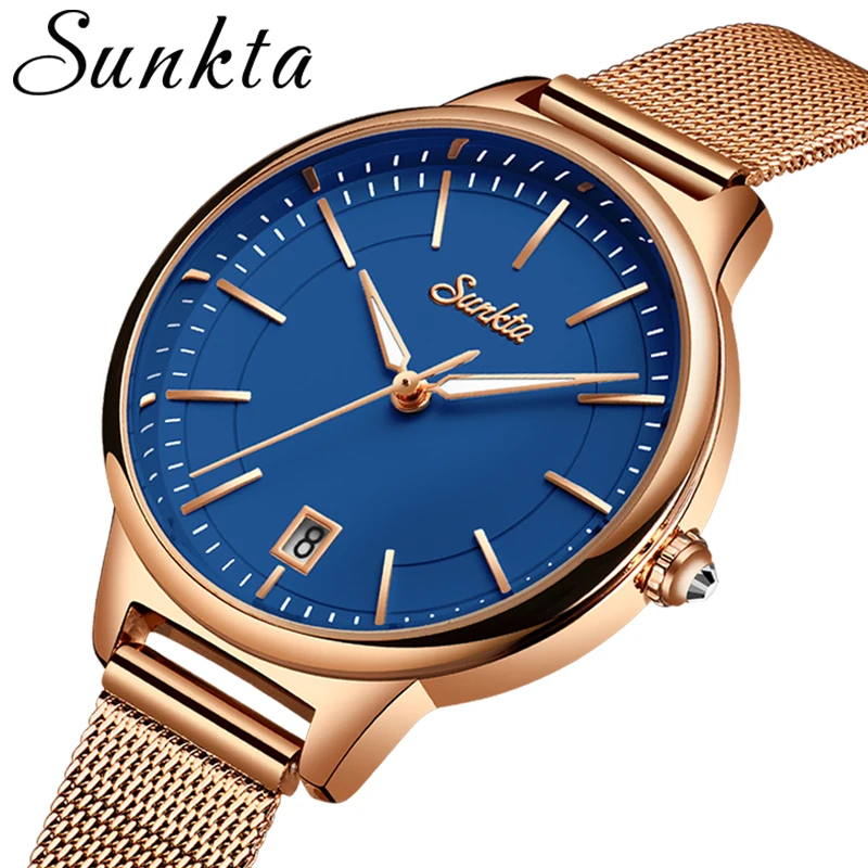 SUNKTA новые женские модные синие Кварцевые часы Женские повседневные
