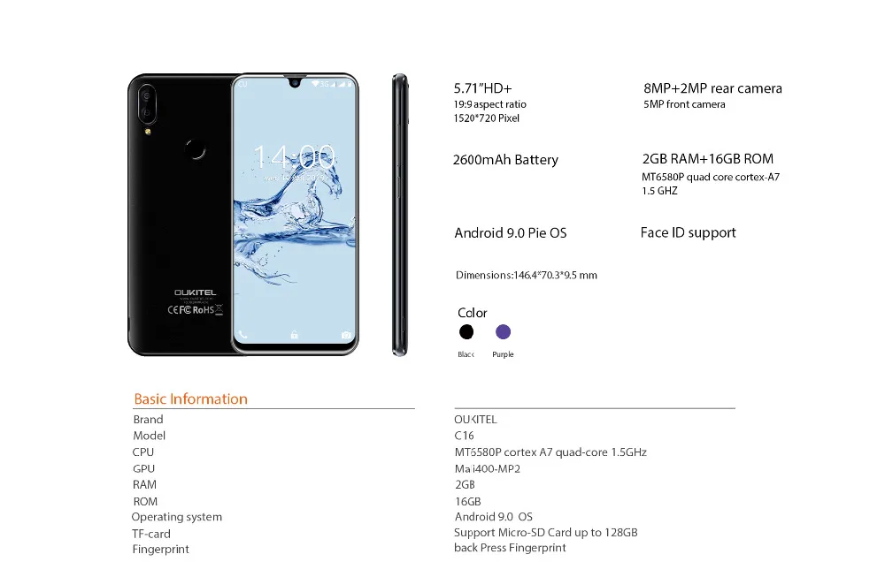 OUKITEL C16 5,7" Android 9,0 19:9 экран капли воды мобильный телефон MT6580P 2 Гб ram 16 Гб rom смартфон Двойная Задняя камера мобильный телефон