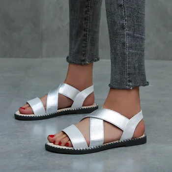 

Women's Shoes Classic Elastic Band Ladies Flat Sandals Women Gold Leather Woman Sewing Rome Open Toe Female Summer 2020