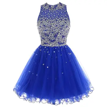 

Cheap Royal Blue Homecoming Dress Crystal Beaded Sparkly Short Gowns Above Knee Mini Prom Graudation Dress Party Free shipping