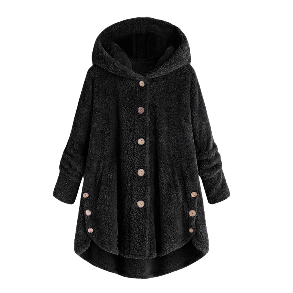 Женское пальто модное женское пальто на пуговицах пушистый хвост Топы с капюшоном пуловер Свободный свитер для женщин одежда Manteau Femme Hiver - Цвет: Black