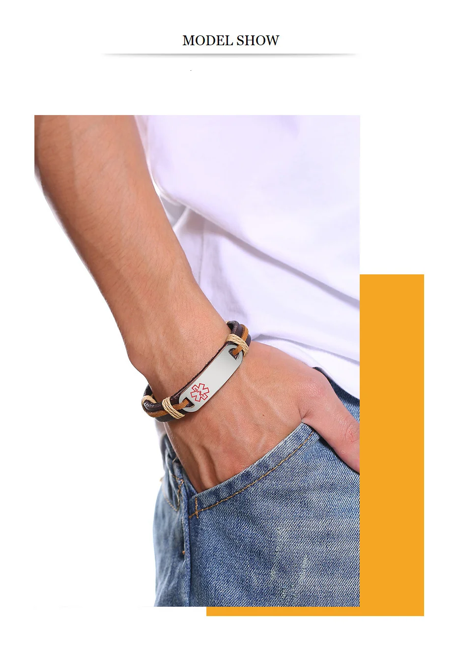Men Retro Leather Rope Chain with Personalize Custom Engrave Medical Alert ID Bracelets for Women Reminder Info Jewelry