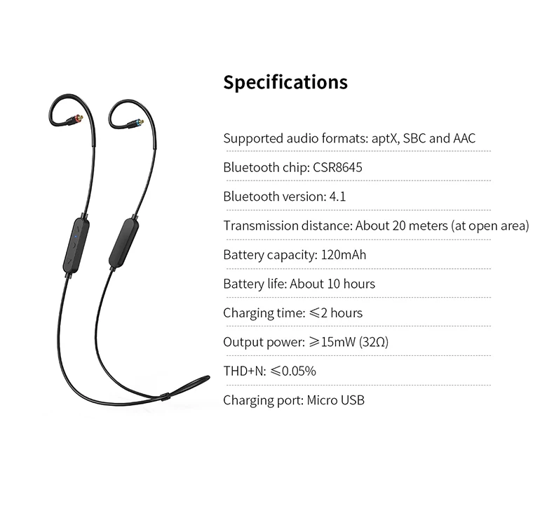 FiiO RC-BT беспроводной Bluetooth aptX AAC Спорт с микрофоном Стандартный MMCX кабель для Shure/Westone/JVC/FiiO, 10 часов жизни