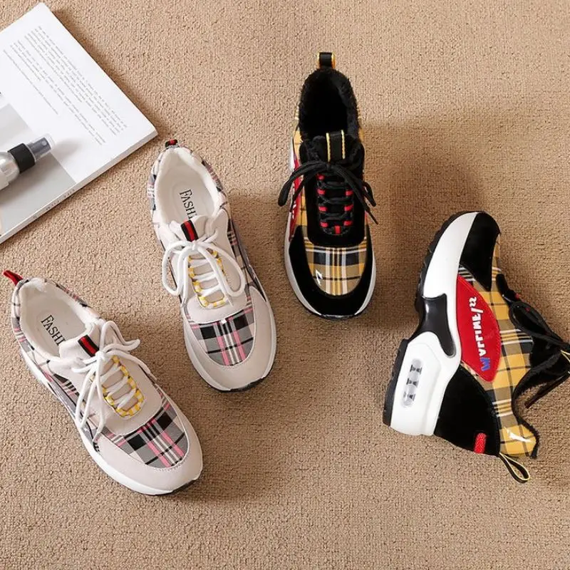Coolcept Winter Warm Sneakers Thick Bottom Shoes Cross-Tied Plaid Flock Platform Hidden Boots Pattern Ladies Footwear Size 35-40