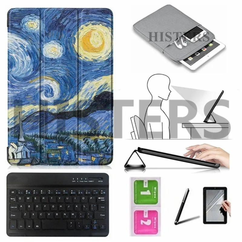 Аксессуары для iPad 9,7 A1893 A1954 A1822 A1823 Smart Wake-Sleep чехол+ Bluetooth клавиатура+ рукав+ пленка+ стилус+ салфетка - Цвет: BK10-XK