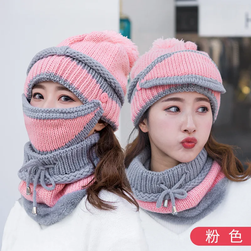 Розовый A set hat and scarf for women ladies fashion design winter spring keep warm and ear knitted cap female with fine hair cycling - Цвет: Розовый