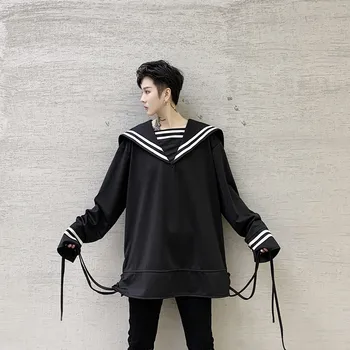 

Male Women Couple Sea-striped Shirt Sweatshirt Men Preppy Style Big Collar Retro Fashion Casual Pullover Hoodie Streetstyle