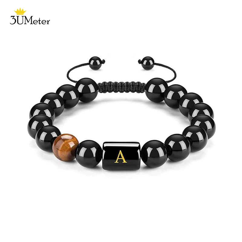 

26 Letters Bracelets Adjustable Natural Black Onyx Stone Braided Rope Bracelet for Women Men couple Jewelry Name Friendship Gift