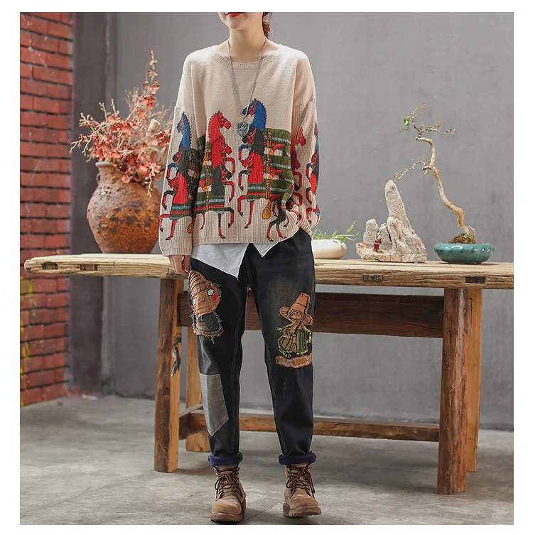 Retro literary autumn and winter new cartoon print long-sleeved knit loose wild thin pullover sweater