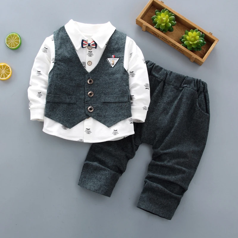 Kopen Jongen Kleding Pak Vest Shirt Broek 3 Delige Set Gentleman s Kleding Pak Rode Jongen Baby Kleding Set Lange mouwen Herfst Nieuwe Aankomst