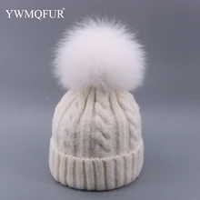 Зимняя женская вязаная шапка Skullies Женская бини шапки с настоящим помпон из лисьего меха роскошный Gorro; теплый лыжный головной убор для девочек ярких цветов