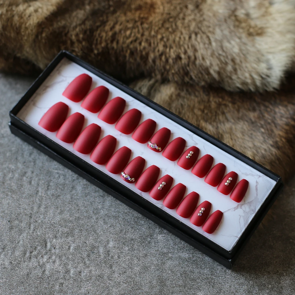 Креативный Рождественский подарок, поддельные ногти для невесты, розовые, красные свадебные накладные ногти, блестящие AB бриллиантовые, темно-фиолетовые, матовые, 24 шт, полный набор - Цвет: Красный