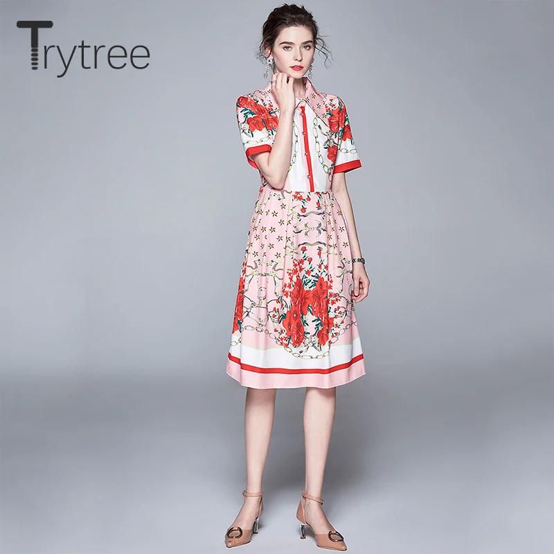 Trytree/осеннее женское платье, Повседневное платье с отложным воротником и пуговицами, розовое платье с цветочным принтом, платье-рубашка трапециевидной формы до колена, офисное женское платье