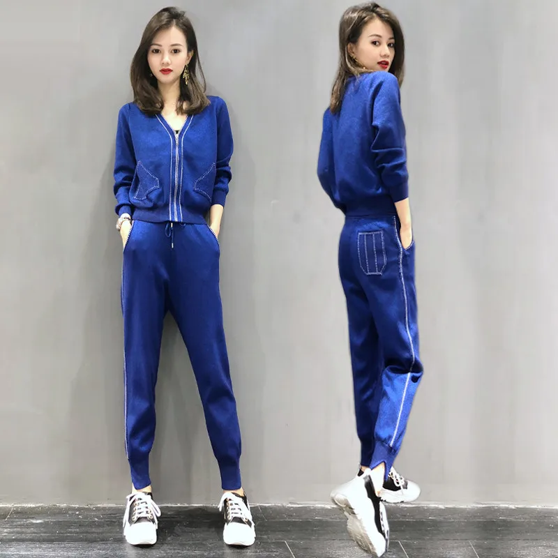 

New Women Tracksuits Set 2022 Spring Autumn Ice Silk Knitting Pants 2 Piece Sets Casual Sportswear Suit Female Trousers Set W61