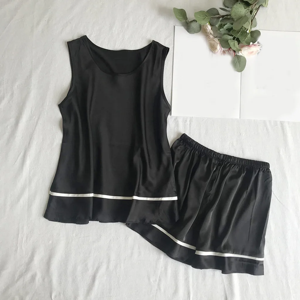 Womail пижамный комплект из 2 предметов Повседневное без рукавов Сексуальная футболка, кружевная блузка, комплект с шортами, одежда для сна, ночная сорочка пижамы Женская домашняя одежда P923 - Цвет: BK