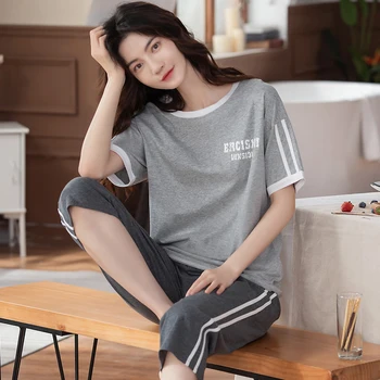 

New Lazy Princess Style 2020 Summer 100% Cotton Women Pajamas Set Loose Leisure Short Sleeve Women Sleepwear Home Tracksuit