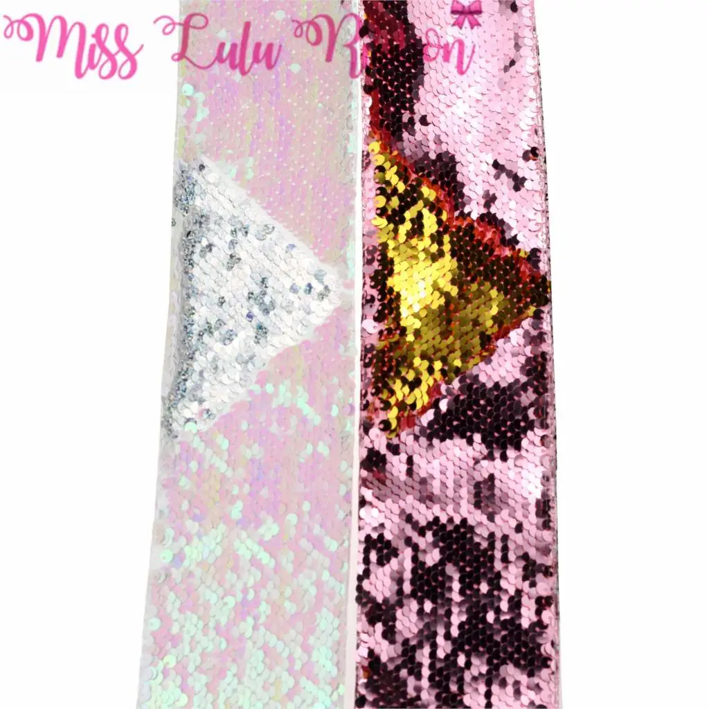 

3"75mm Double Color Reversible Sequin Ribbon Pink Gold Silver DIY Wedding Party Gift Bowknots Solid in Stock 25yards/roll