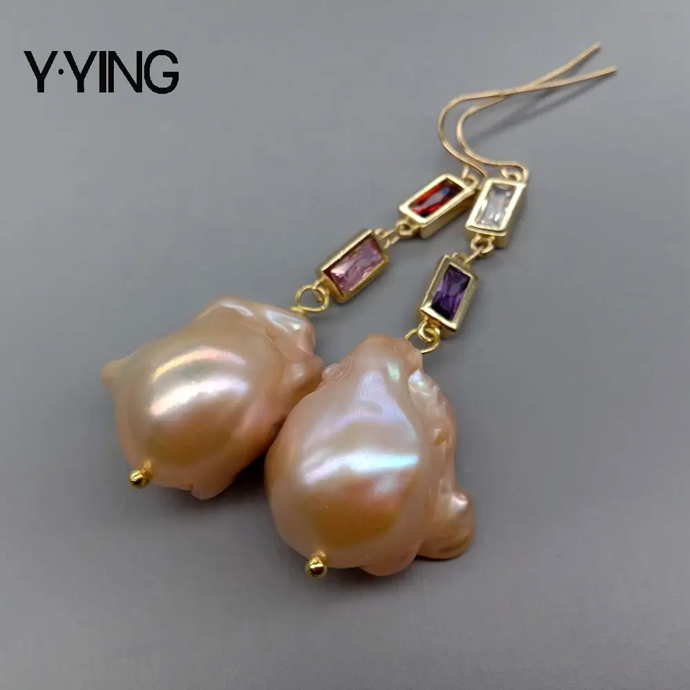Y ying Natural Cultured Pink Keshi Pearl Cz Pave Chain Dangle Hook 