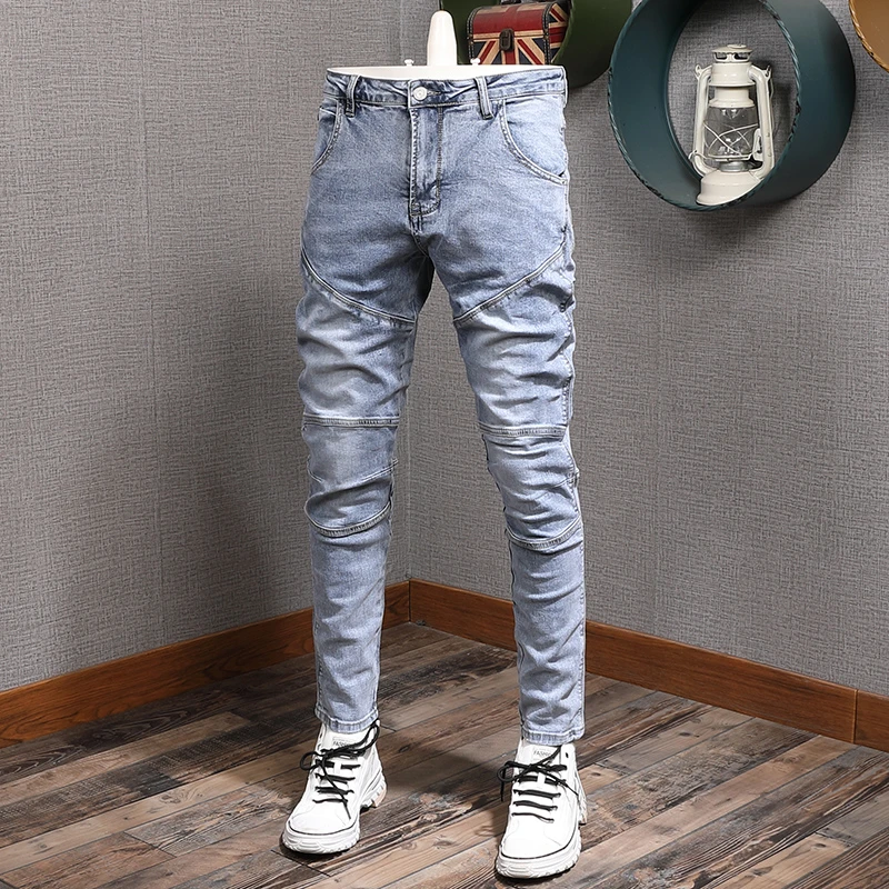 amargo girar Imperio Inca Pantalones vaqueros de calle americana para hombre, Jeans de moda para  hombre, diseño empalmado elástico, Retro, azul claro, estilo Hip Hop, Punk| Pantalones vaqueros| - AliExpress