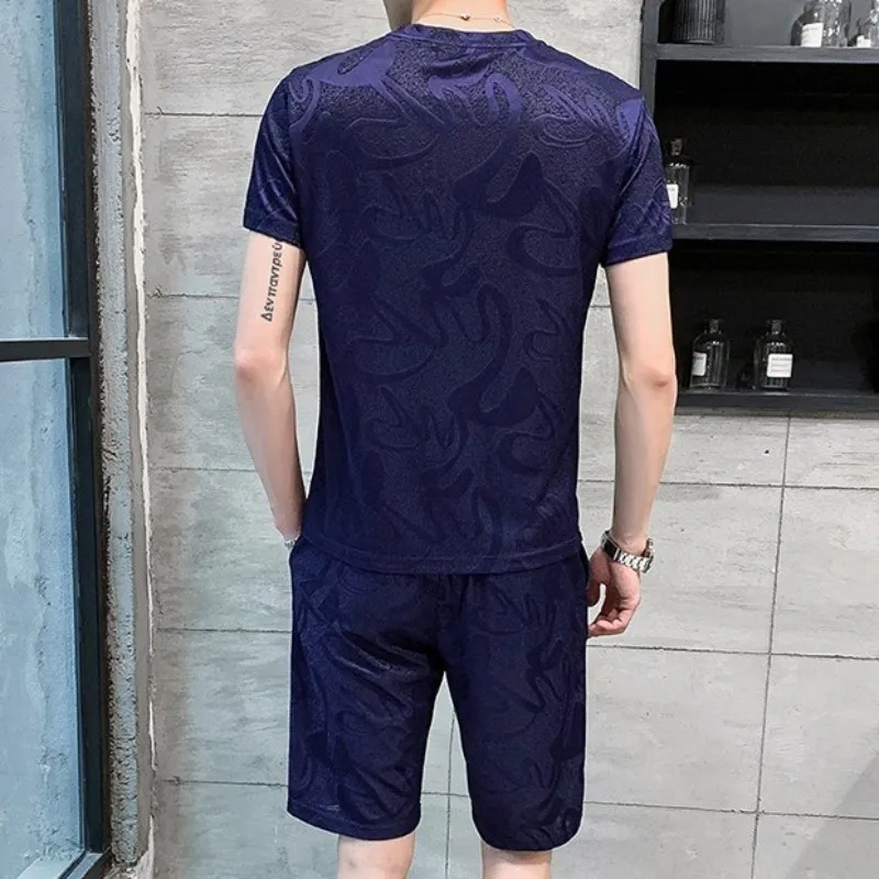 

Summer Printed Short Sleeve T Shirt Set Elastic Waist Shorts Men Sportswear High Street Casual Tracksuit Plus Size 4XL
