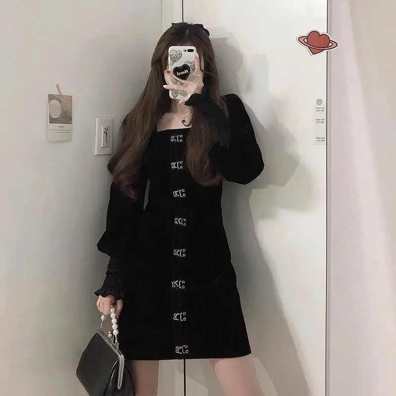 

Women Dress Autumn Spring Long Sleeve Square Collar Bodycon Short Mini Dress Party Club Sexy Dress Black Vestidos