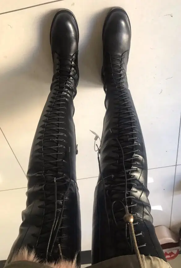 Популярные высокие сапоги до бедра на плоской подошве со шнуровкой женские черные кожаные сапоги выше колена в европейском стиле, фирменный дизайн женские высокие сапоги на тонкую ногу