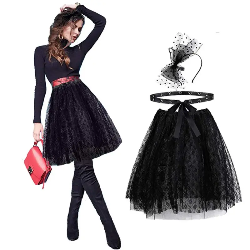 

3Pcs 80s Cosplay Costume Set Black Floral Lace Knee Length Tutu Skirt Rivets Studs Waistband Bowknot Headband Retro Party Outfit