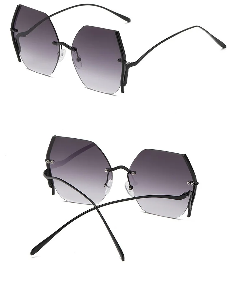 Многоугольная резка, безрамные солнцезащитные очки "кошачий глаз" для женщин, сплав, изогнутые ноги, сексуальные очки, женские розовые зеркальные оттенки, большие коричневые