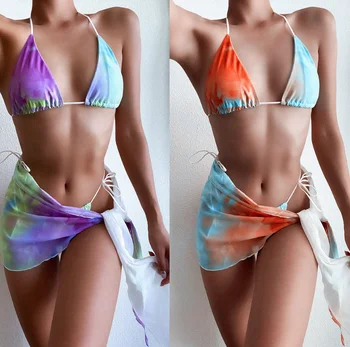 

Lady's Summer Style Theree Pieces Bikini Set In Purple Tie Dye print 1 top + 1 bottom +1 sarong