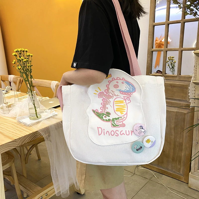 

Canvas Shoulder Bag for Women Large Capacity Cute Dinosaur Student Book Storage Schoolbags Girl Heart Kawaii Messenger Bags 448