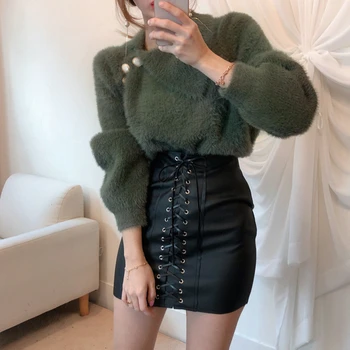 

2020 New Autumn Winter Women eaters Pullover Fake Mink Cashmere Knitted Elegant Turn-down Collar Ladies Tops