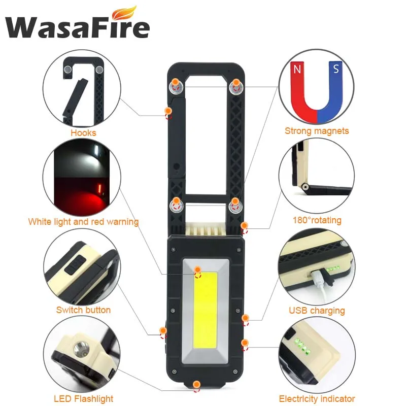 WasaFire портативный COB+ XPE светодиодный светильник-вспышка USB Перезаряжаемый фонарь красный и белый светильник магнитный крючок Рабочий фонарь встроенный аккумулятор