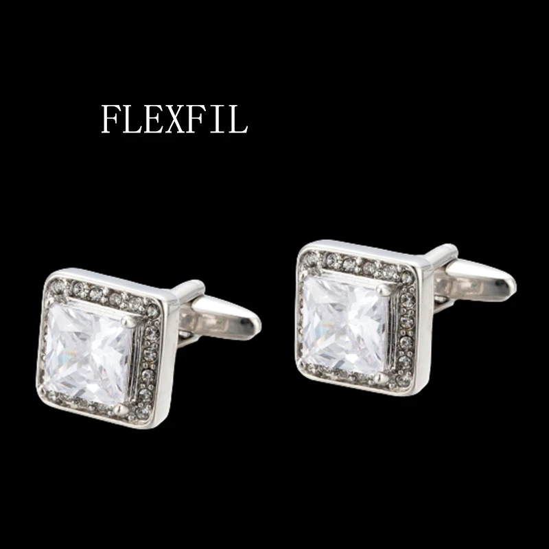 

FLEXFIL Jewelry french shirt cufflink for mens Brand Cuffs link Button Square white crystal High Quality Wedding gemelos