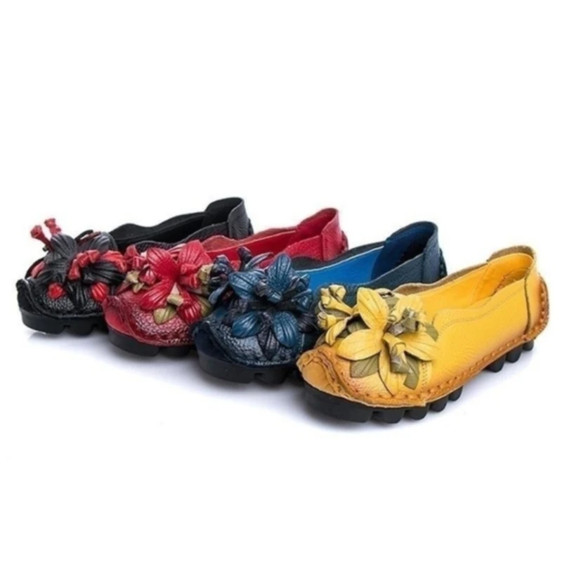 Новая осенняя обувь ручной работы с цветами Женская на мягкой подошве