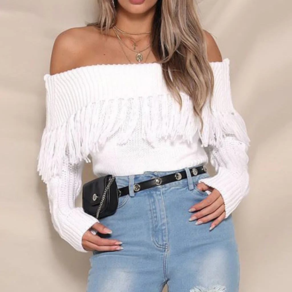 Sweater Women 2019 Autumn Winter Clothes Pullover Sweater Women's Sexy Off Shoulder Tassel Long Sleeve Knitted Sweaters Blouse