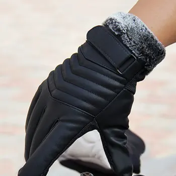 

1Pair Men Synthenic PU Golves Winter Warm Five Finger Wrist Gloves Cut Wool Thicken Touches Screen Fur Mittens FEA889