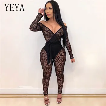 

YEYA Sexy See Through Mesh V Neck Night Party Club Jumpsuit Women Long Sleeve Bodycon Jumpsuit Black Rompers Overalls